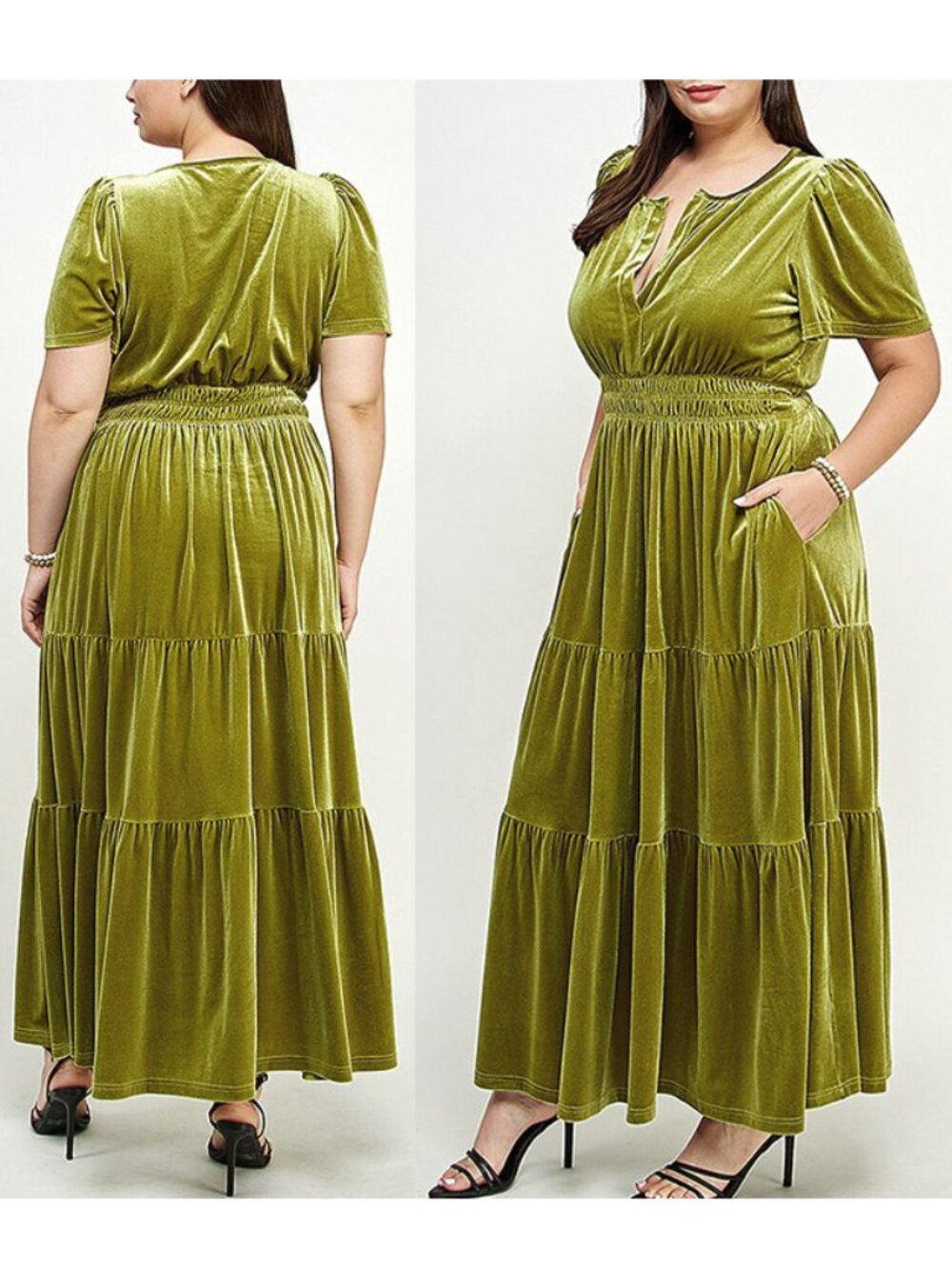 Boho Chartreuse Green Velvet Short Sleeve Tiered A-line Maxi Dress 18 - Picture 3 of 4